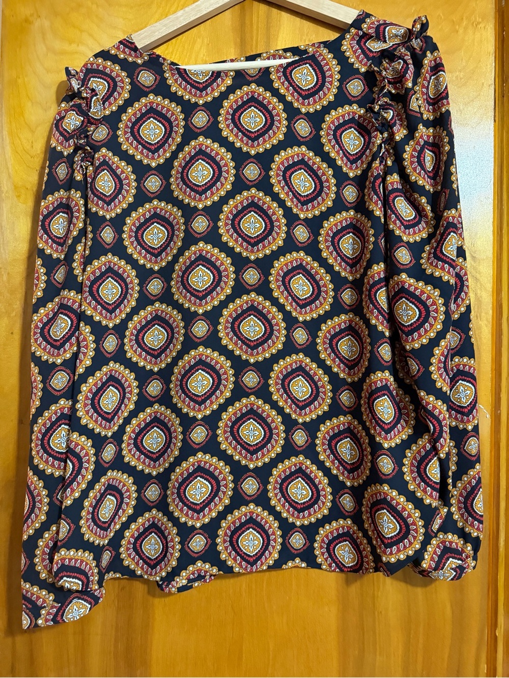 LOFT Black Blouse with Red and Gold Medallion Print